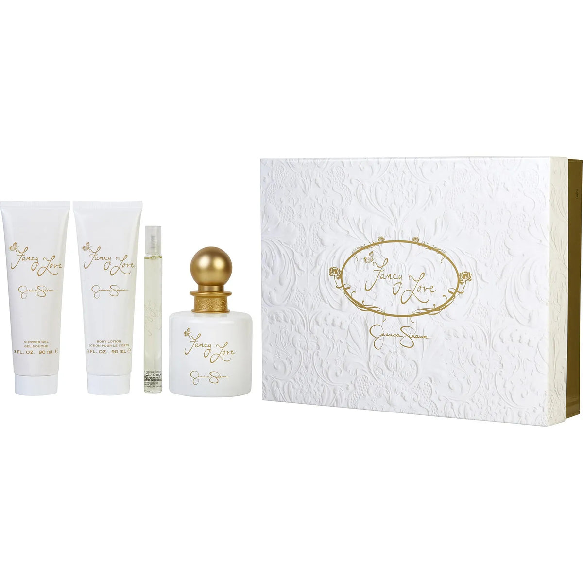 Estuche Jessica Simpson Fancy Love EDP (W) / 4 Pc SP 100 ml; SP 10 ml; BL 90 ml; SG 90 ml - 1 - Privé Perfumes Honduras