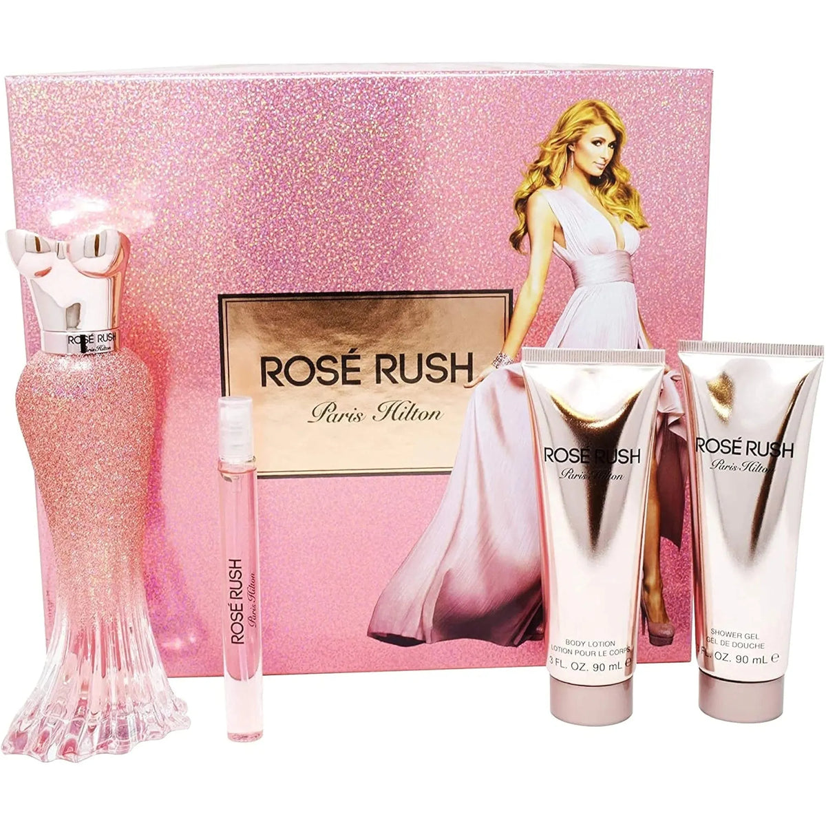 Estuche Paris Hilton Rose Rush EDP (W) / 4 Pc SP 100 ml; BL 90 ml; SG 90 ml; Mini SP 10 ml - 1 - Privé Perfumes Honduras