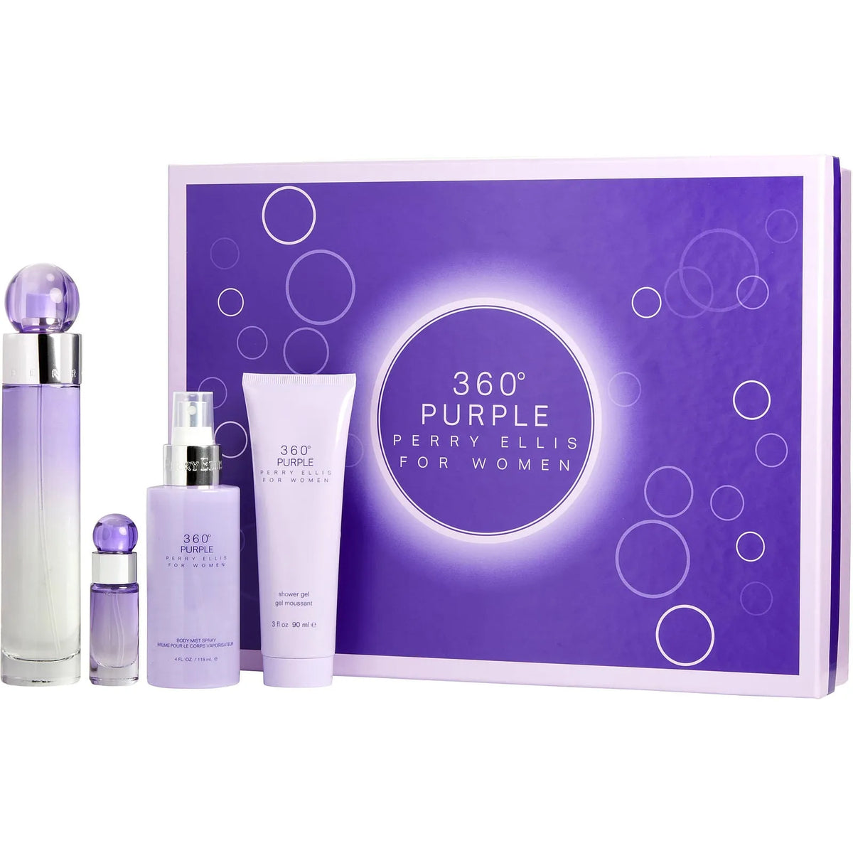 Estuche Perry Ellis 360 Purple EDP (W) / 4 Pc SP 100 ml; SG 90 ml; BM 120 ml; Mini SP 7 ml - 1 - Privé Perfumes Honduras