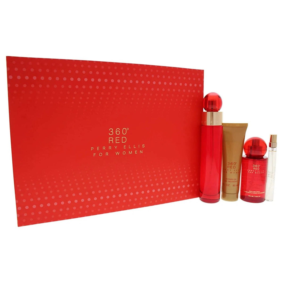 Estuche Perry Ellis 360 Red Women EDP (W) / 4 Pc SP 100 ml; BM 120 ml; SG 90 ml; SP 7.5 ml - 1 - Privé Perfumes Honduras