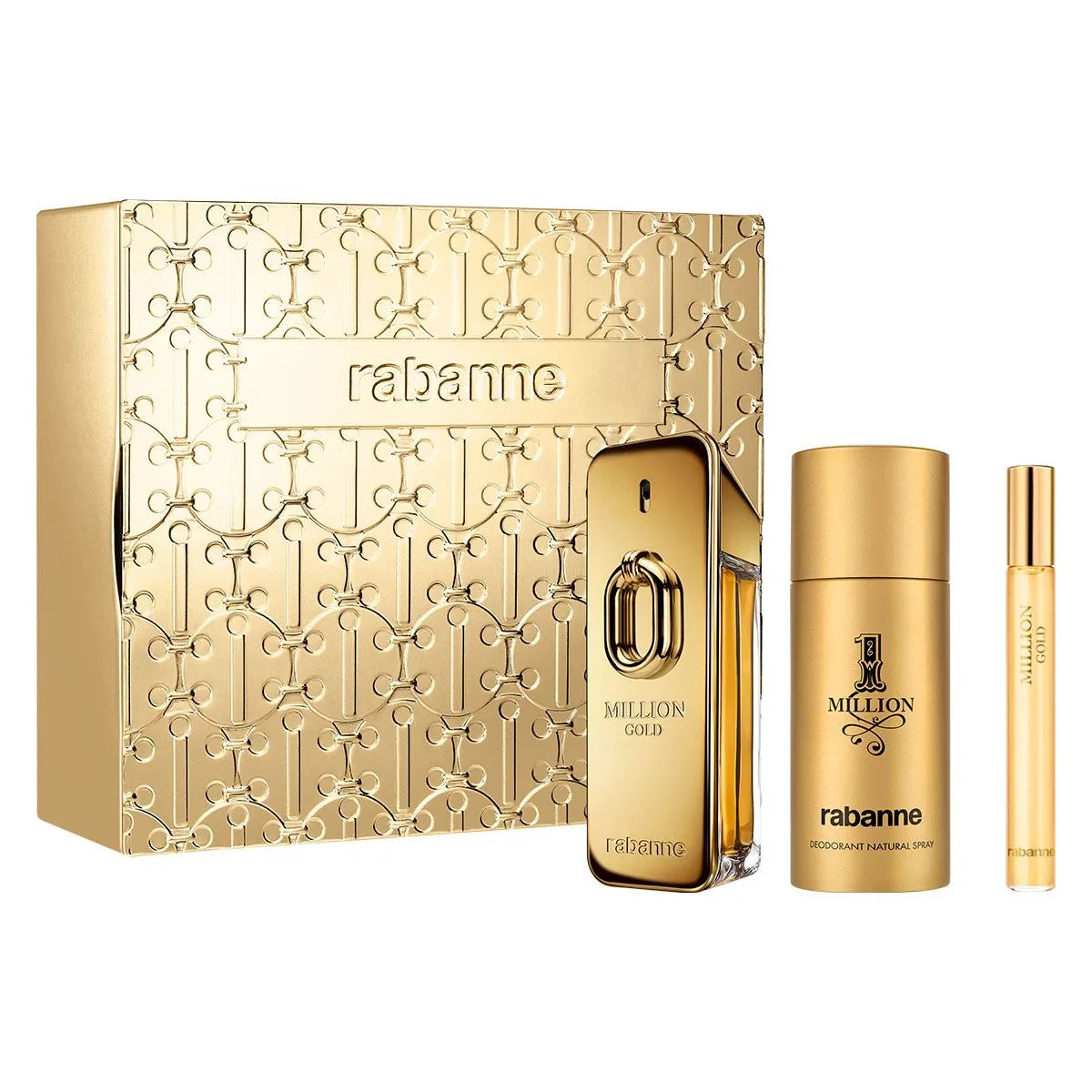 Estuche Rabanne Million Gold Intense EDP (M) / 3 Pc Set: EDP 100 ml; DEO 150 ml; SP 10 ml - 2 - Privé Perfumes Honduras