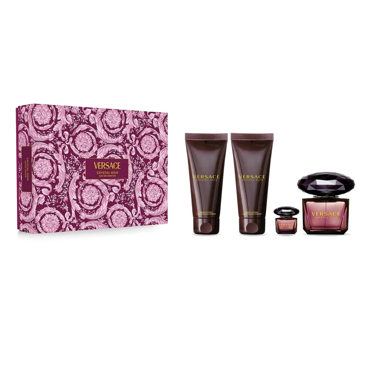 Estuche Versace Crystal Noir EDP (W) / 4 Pc SP 90 ml; Mini 5 ml; BL 100 ml; SG 100 ml - 1 - Privé Perfumes Honduras