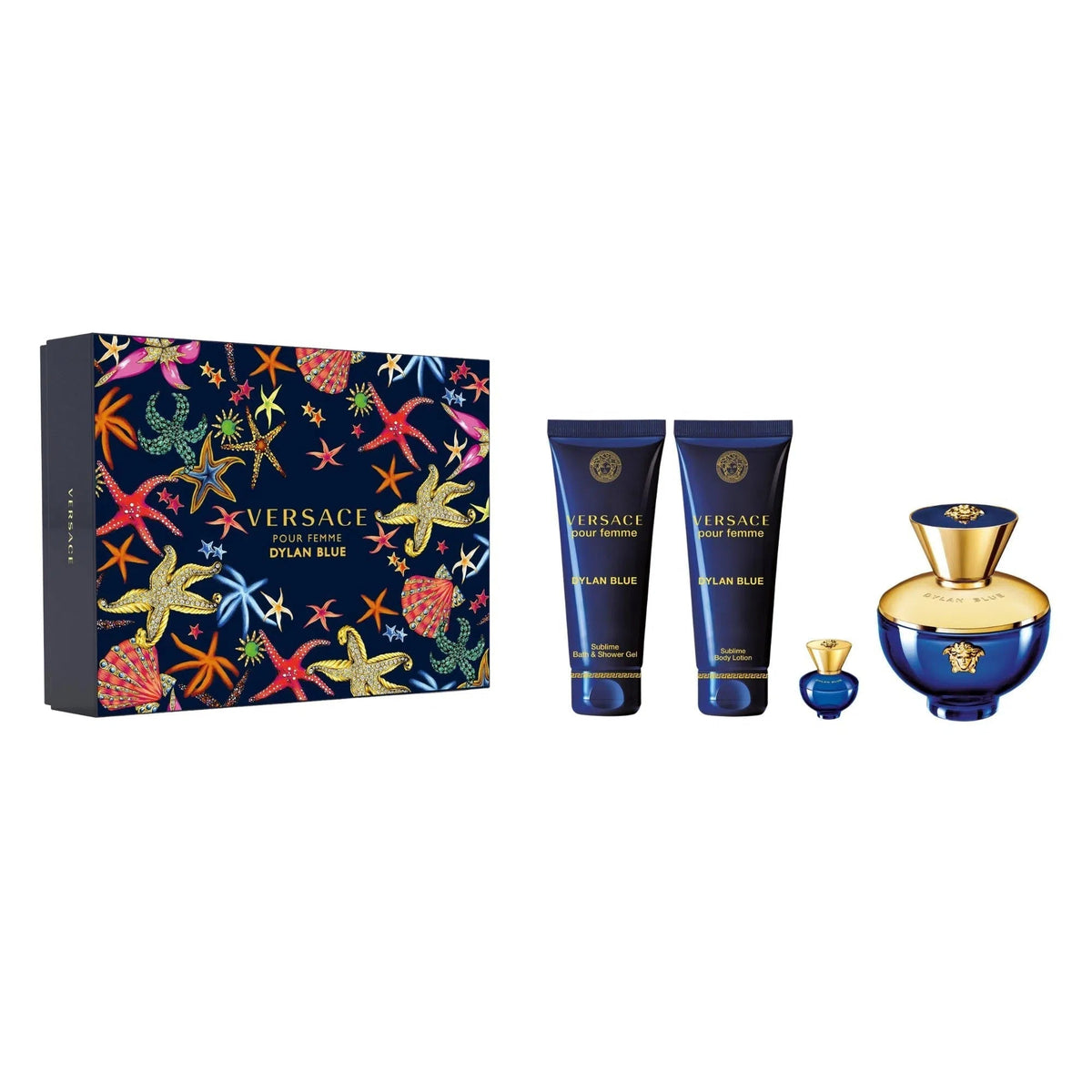 Estuche Versace Dylan Blue Pour Femme EDP (W) / 4 Pc SP 100 ml; BL 100 ml; SG 100 ml; SP 5 ml - 1 - Privé Perfumes Honduras