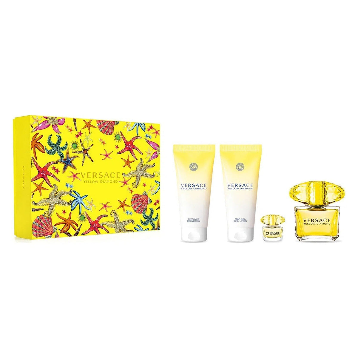 Estuche Versace Yellow Diamond EDT (W) / 4 Pc SP 90 ml; BL 100 ml; SG 100 ml; SP 5 ml - 1 - Privé Perfumes Honduras