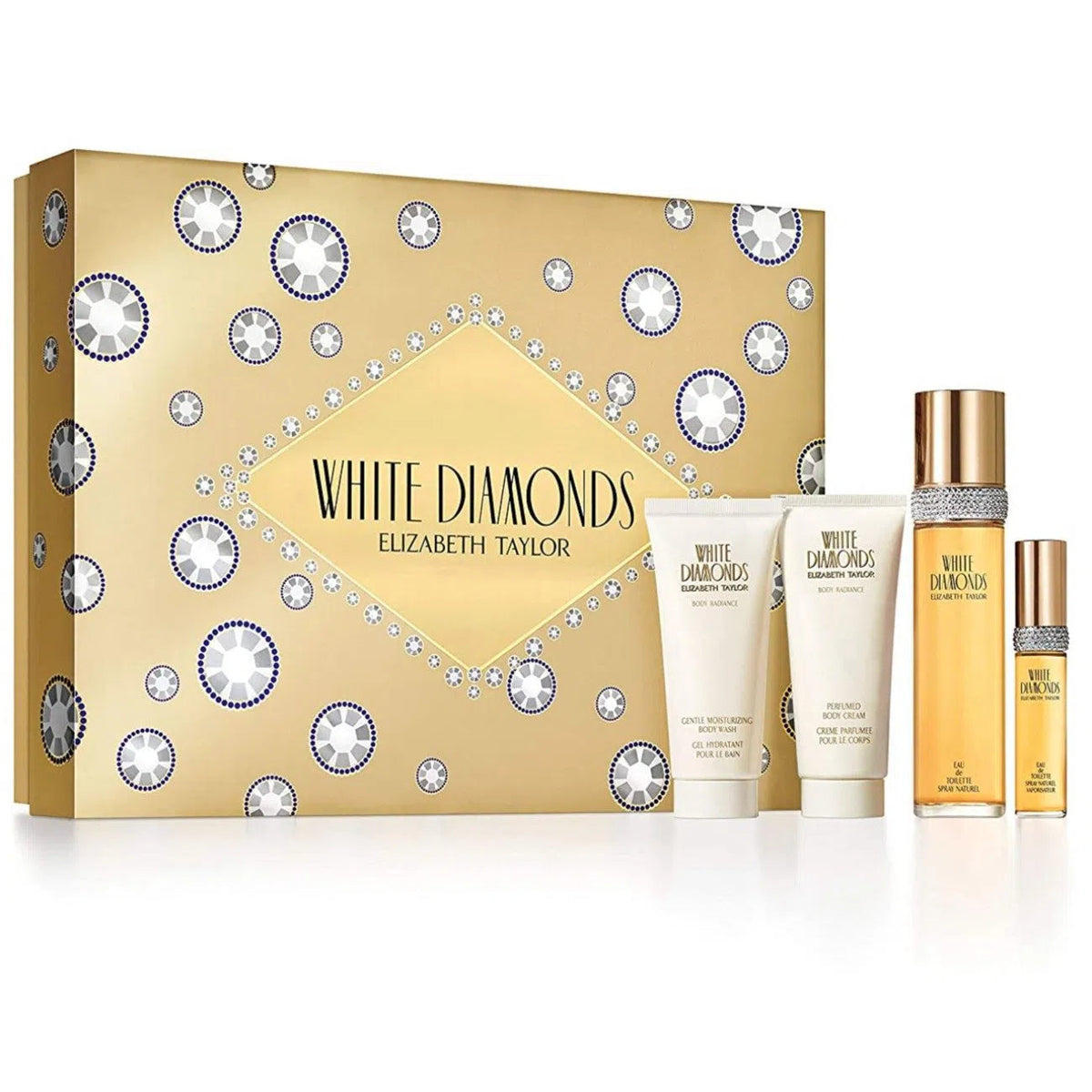 Estuche Elizabeth Taylor White Diamonds EDT (W) / 4 Pc SP 100 ml; BL 100 ml; SG 100 ml; SP 10 ml - 1 - Privé Perfumes Honduras