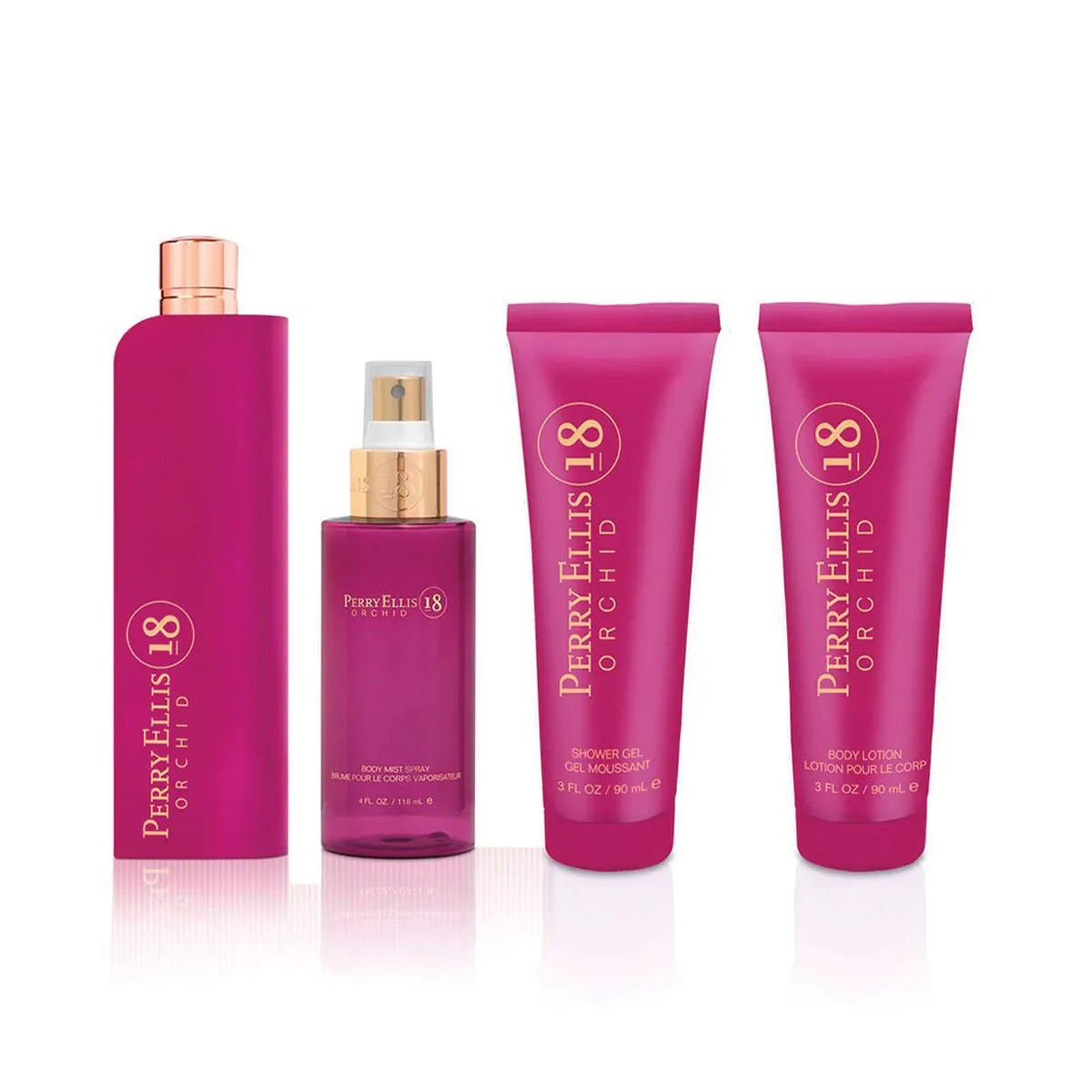 Estuche Perry Ellis 18 Orchid EDP (W) / 4 Pc SP 100 ml; BL 90 ml; SG 90 ml; BM 120 ml - 2 - Privé Perfumes Honduras