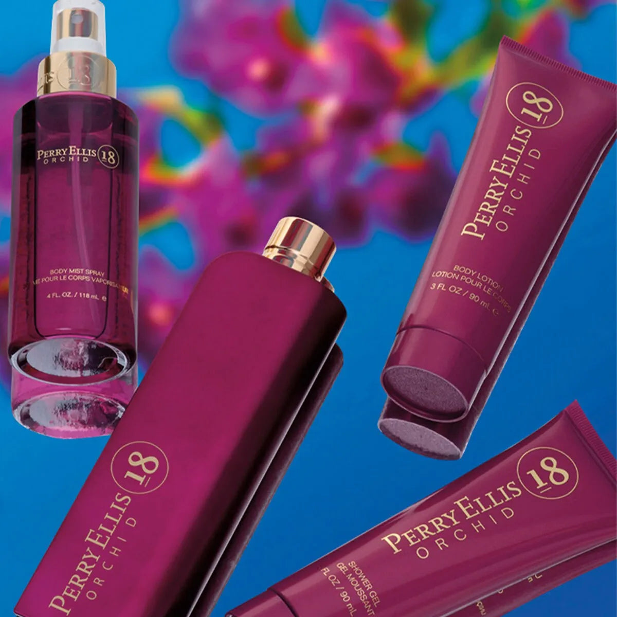 Estuche Perry Ellis 18 Orchid EDP (W) / 4 Pc SP 100 ml; BL 90 ml; SG 90 ml; BM 120 ml - 4 - Privé Perfumes Honduras