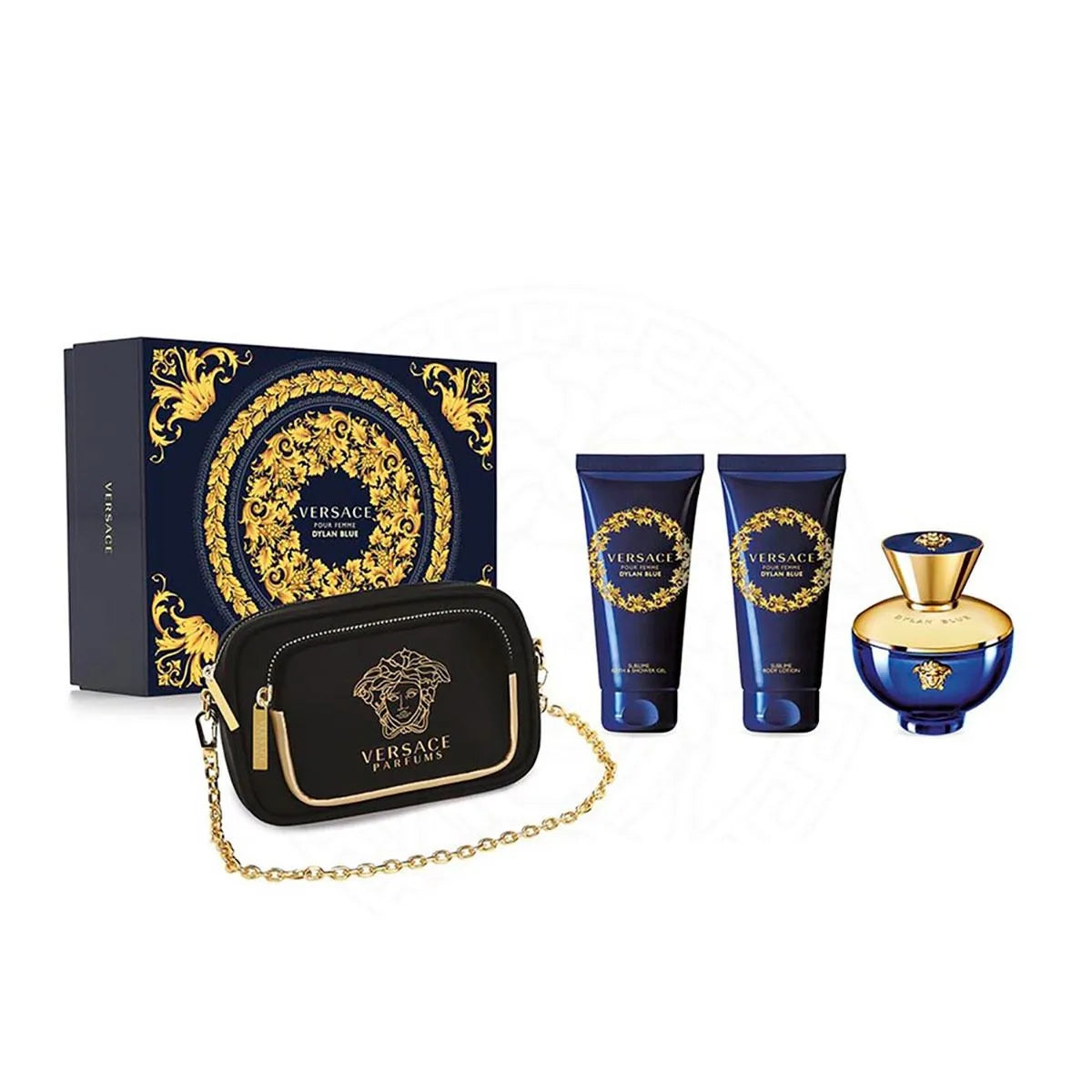 Estuche Versace Dylan Blue Pour Femme EDP (W) / 4 Pc SP 90 ml; SG 100 ml; BL 100 ml; Clutch - 2 - Privé Perfumes Honduras