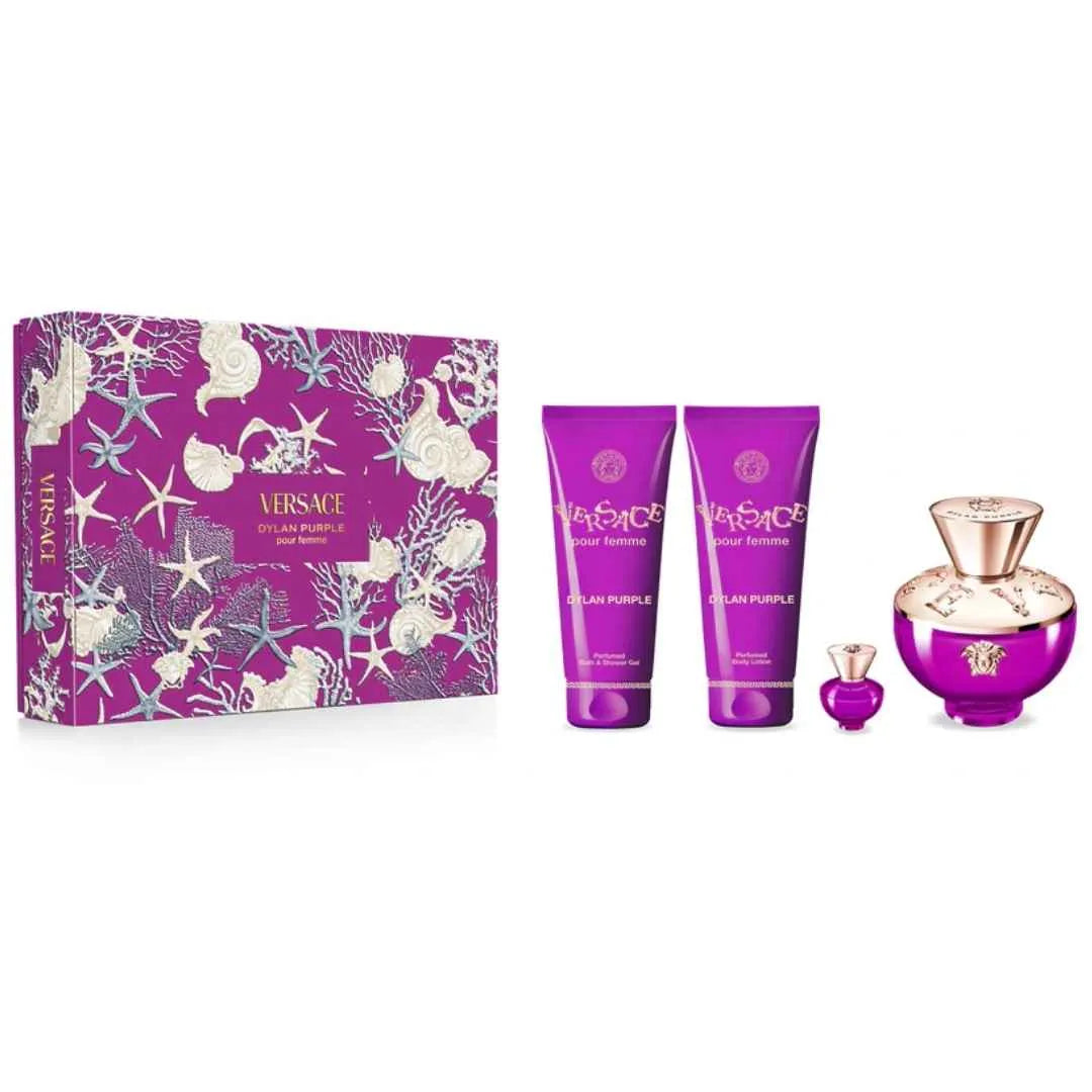 Estuche Versace Dylan Purple EDP (W) / 4 Pc SP 100 ml; SG 100 ml; BL 100 ml; Mini SP 5 ml - 2 - Privé Perfumes Honduras